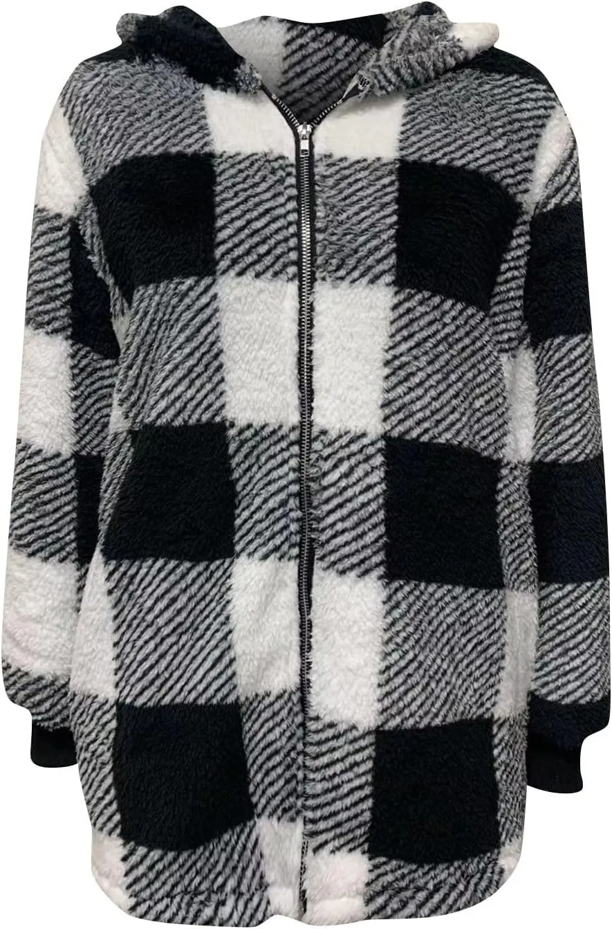 Flannel Plaid Shacket Women Plus Size Zip Up Hooded Jacket Casual Long Sleeve Sherpa Winter Coats with Pocket
