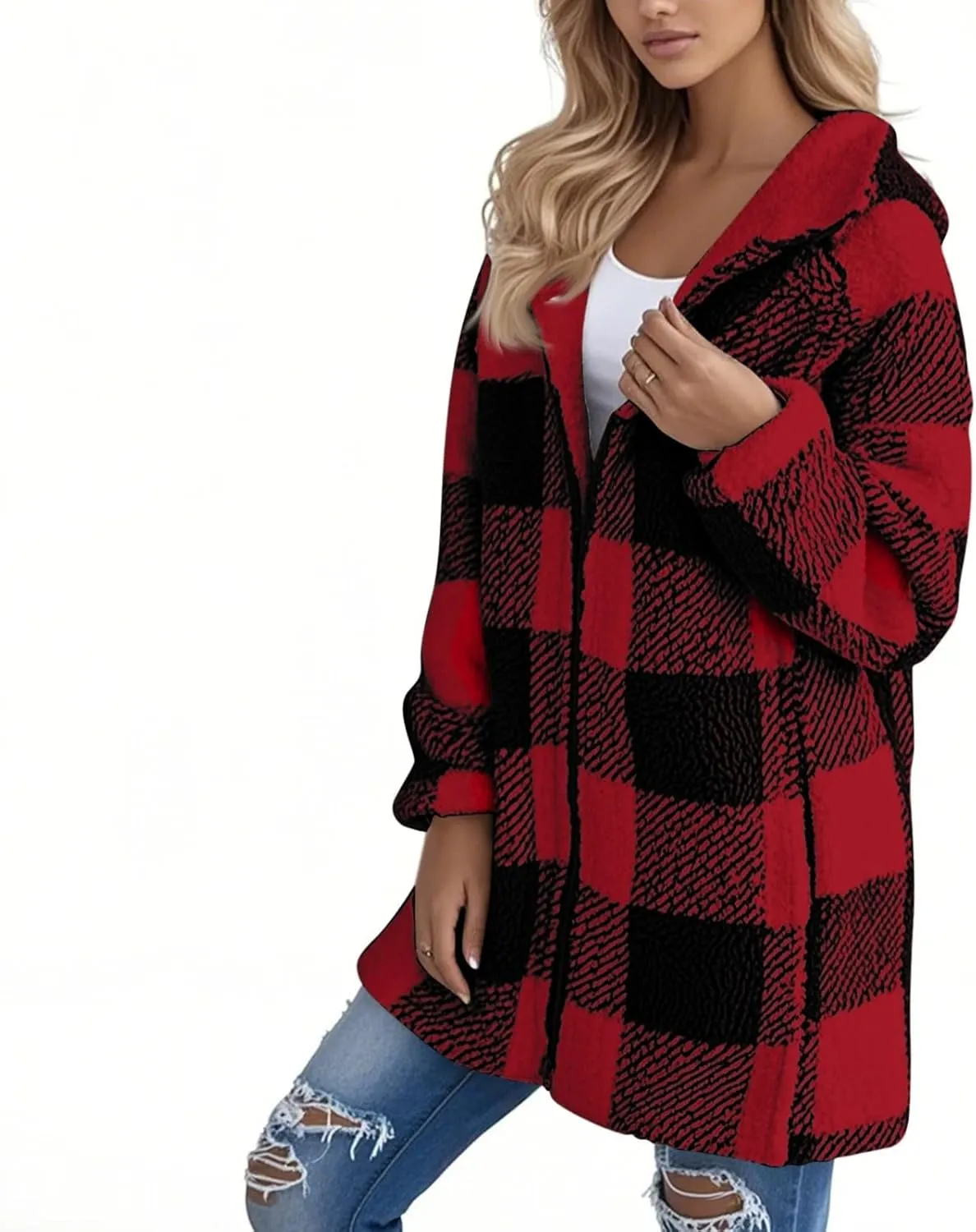 Flannel Plaid Shacket Women Plus Size Zip Up Hooded Jacket Casual Long Sleeve Sherpa Winter Coats with Pocket