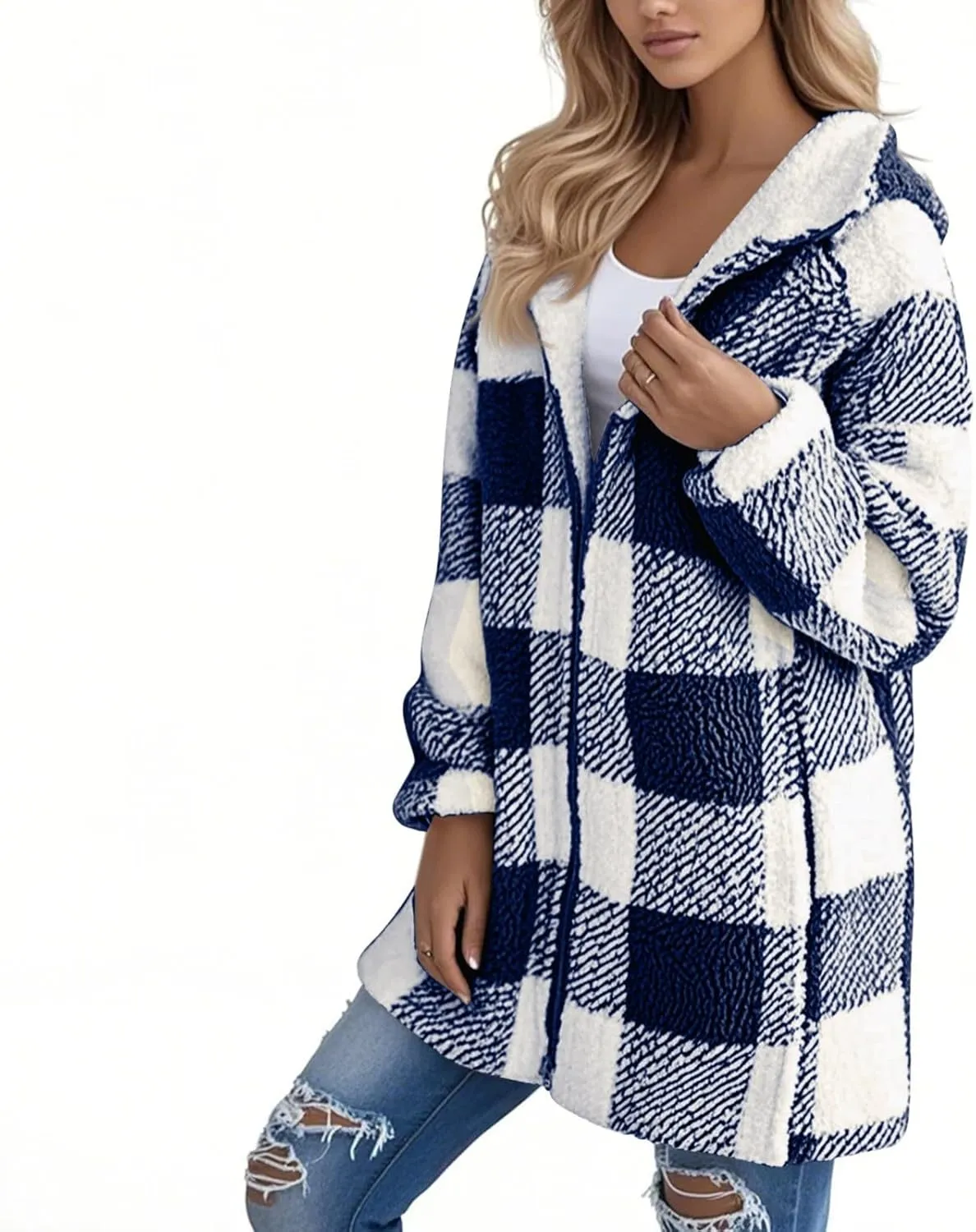 Flannel Plaid Shacket Women Plus Size Zip Up Hooded Jacket Casual Long Sleeve Sherpa Winter Coats with Pocket