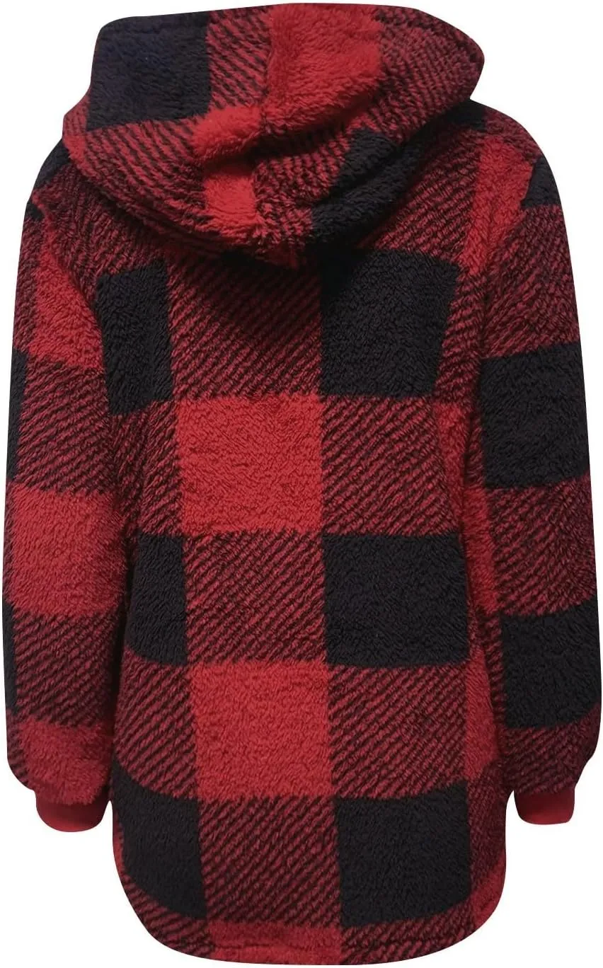Flannel Plaid Shacket Women Plus Size Zip Up Hooded Jacket Casual Long Sleeve Sherpa Winter Coats with Pocket