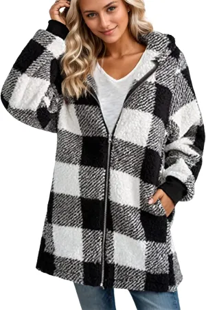 Flannel Plaid Shacket Women Plus Size Zip Up Hooded Jacket Casual Long Sleeve Sherpa Winter Coats with Pocket