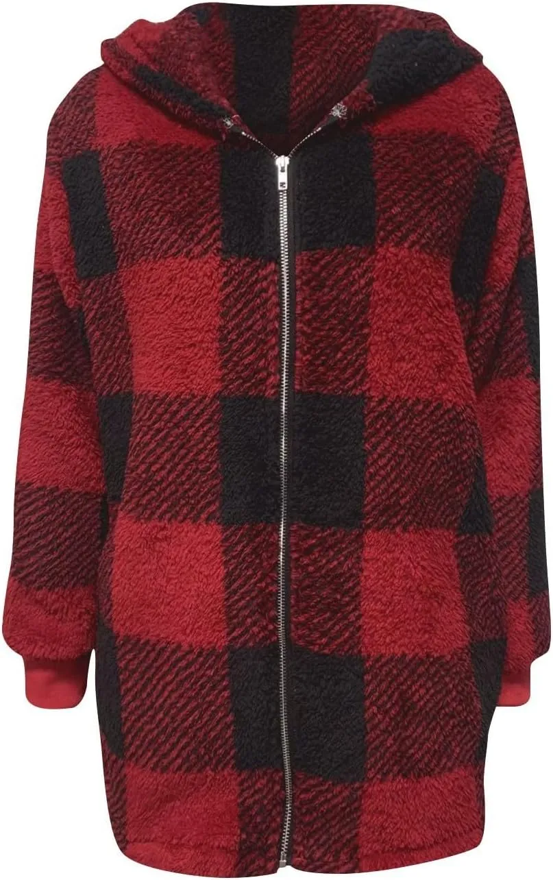 Flannel Plaid Shacket Women Plus Size Zip Up Hooded Jacket Casual Long Sleeve Sherpa Winter Coats with Pocket