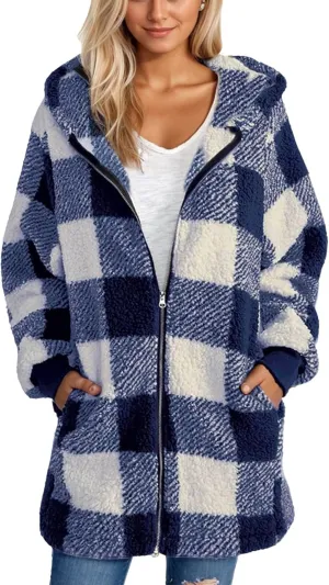 Flannel Plaid Shacket Women Plus Size Zip Up Hooded Jacket Casual Long Sleeve Sherpa Winter Coats with Pocket