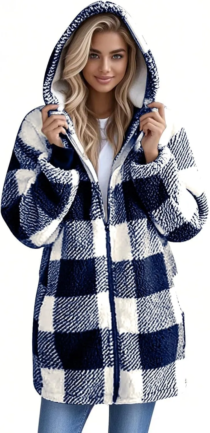 Flannel Plaid Shacket Women Plus Size Zip Up Hooded Jacket Casual Long Sleeve Sherpa Winter Coats with Pocket