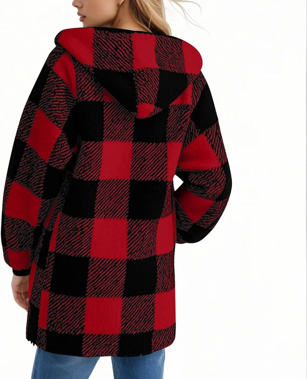 Flannel Plaid Shacket Women Plus Size Zip Up Hooded Jacket Casual Long Sleeve Sherpa Winter Coats with Pocket
