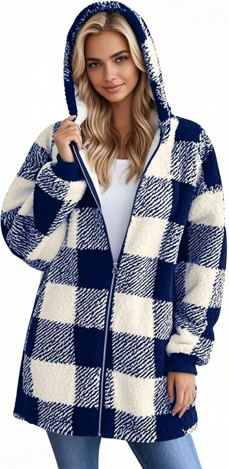 Flannel Plaid Shacket Women Plus Size Zip Up Hooded Jacket Casual Long Sleeve Sherpa Winter Coats with Pocket
