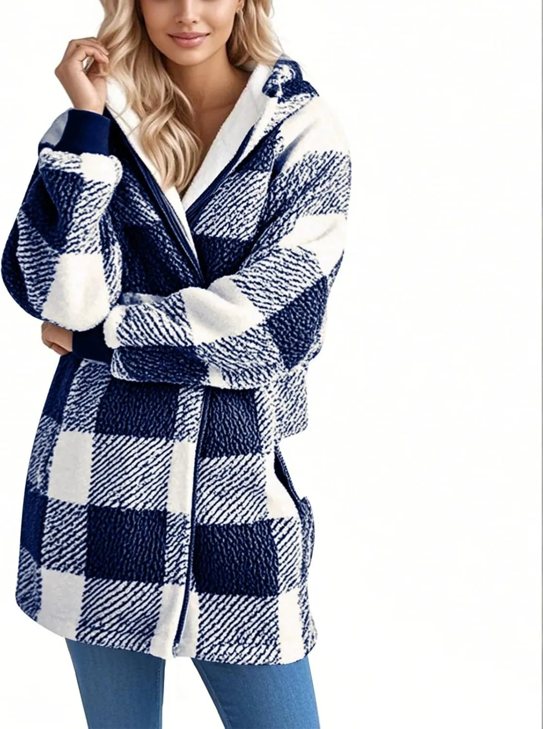 Flannel Plaid Shacket Women Plus Size Zip Up Hooded Jacket Casual Long Sleeve Sherpa Winter Coats with Pocket