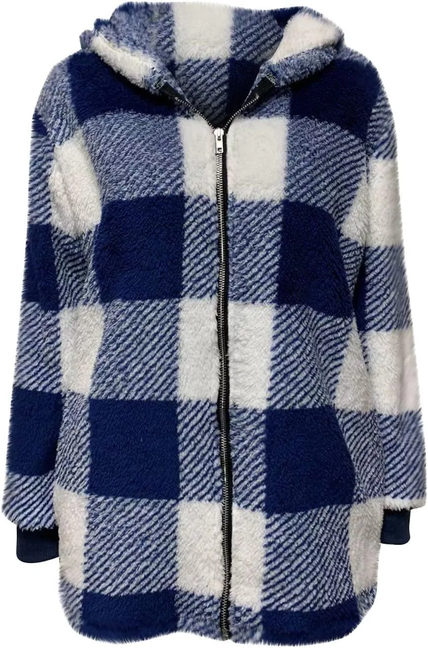 Flannel Plaid Shacket Women Plus Size Zip Up Hooded Jacket Casual Long Sleeve Sherpa Winter Coats with Pocket