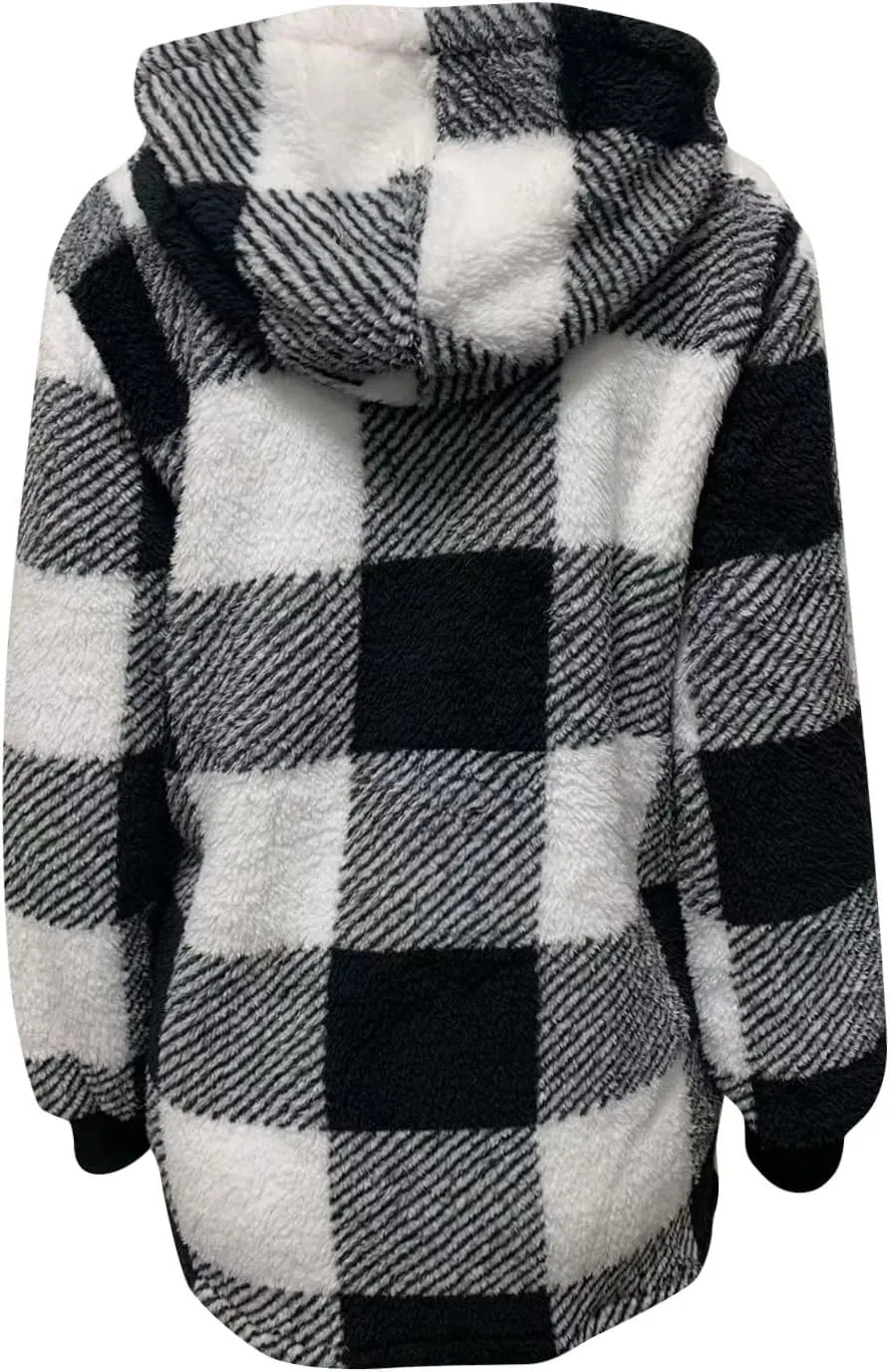 Flannel Plaid Shacket Women Plus Size Zip Up Hooded Jacket Casual Long Sleeve Sherpa Winter Coats with Pocket