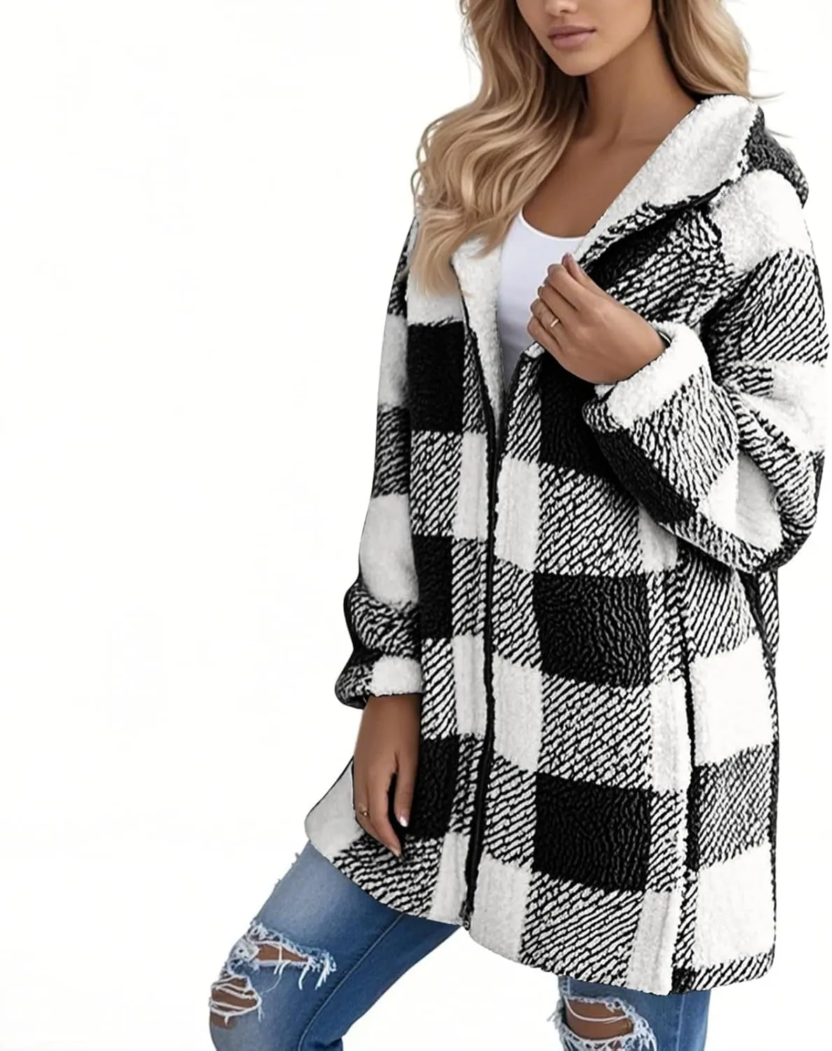 Flannel Plaid Shacket Women Plus Size Zip Up Hooded Jacket Casual Long Sleeve Sherpa Winter Coats with Pocket