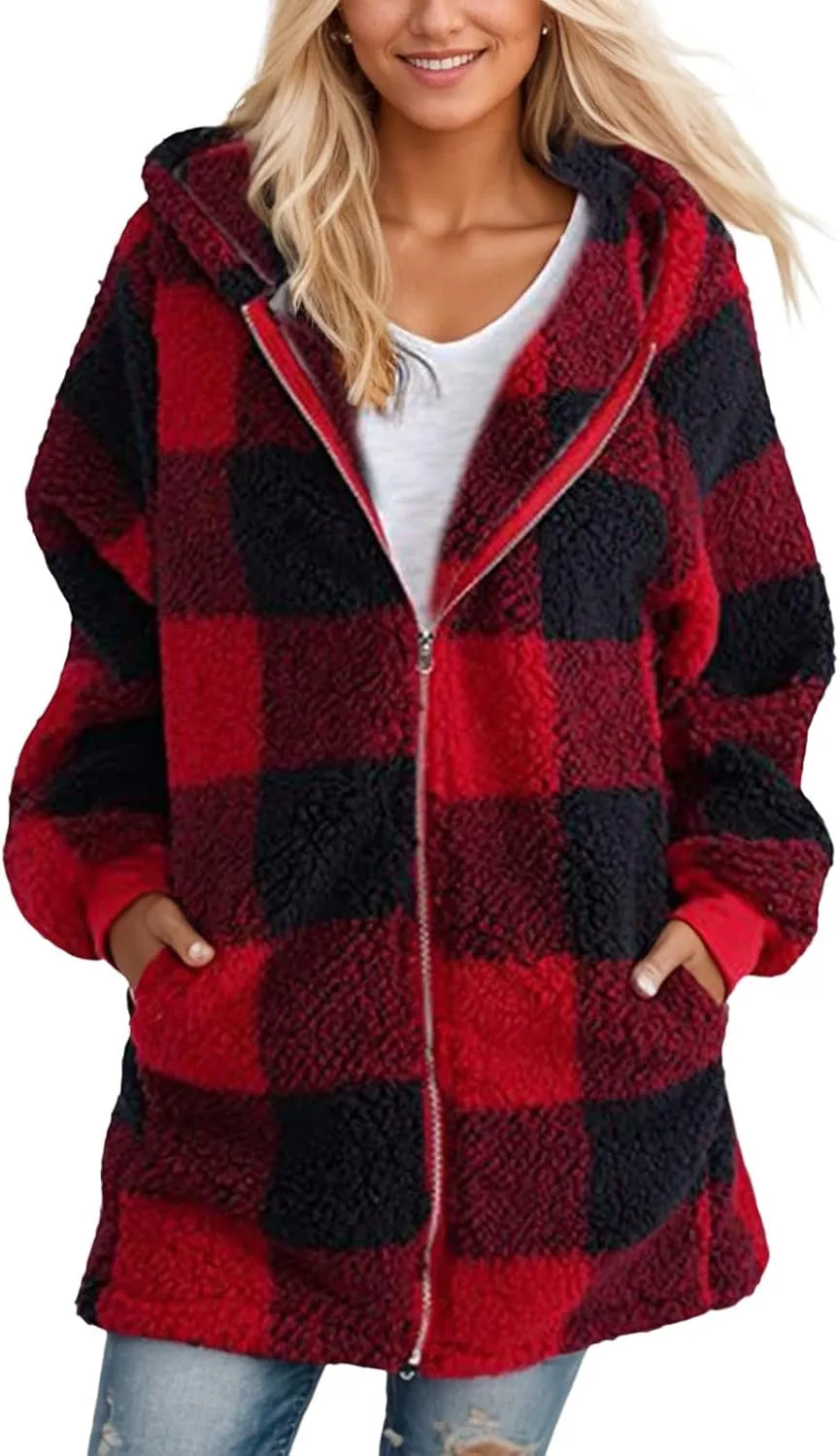Flannel Plaid Shacket Women Plus Size Zip Up Hooded Jacket Casual Long Sleeve Sherpa Winter Coats with Pocket