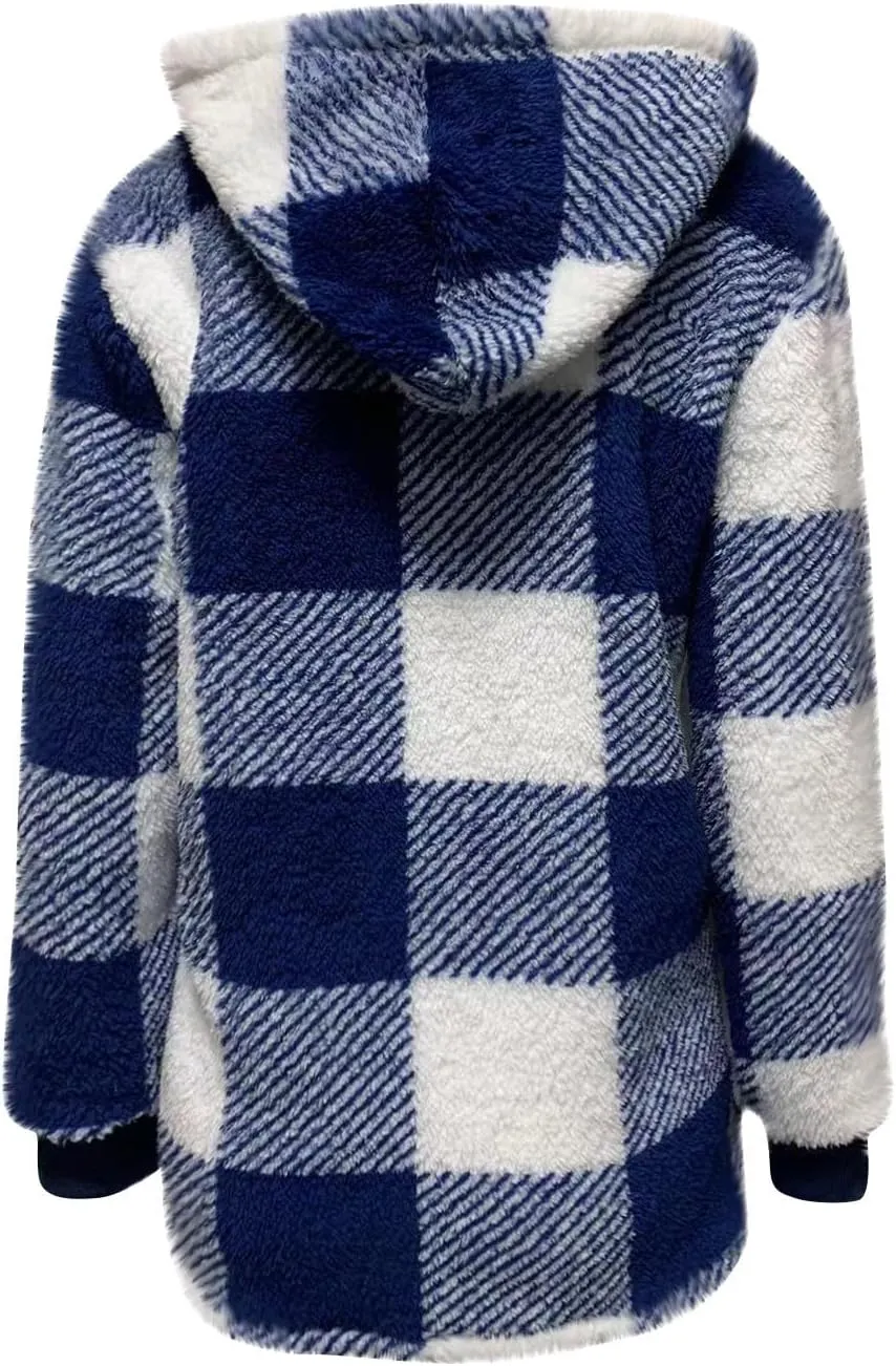 Flannel Plaid Shacket Women Plus Size Zip Up Hooded Jacket Casual Long Sleeve Sherpa Winter Coats with Pocket
