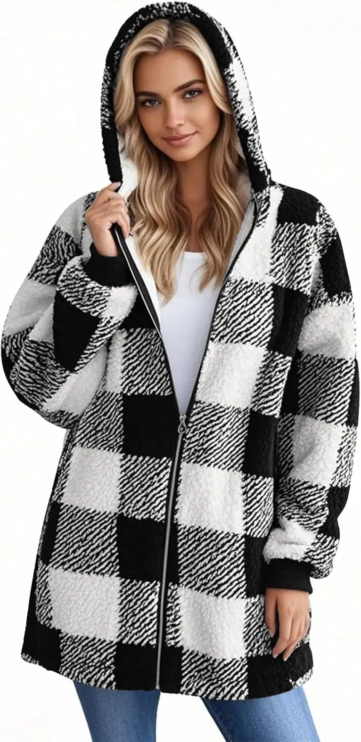 Flannel Plaid Shacket Women Plus Size Zip Up Hooded Jacket Casual Long Sleeve Sherpa Winter Coats with Pocket