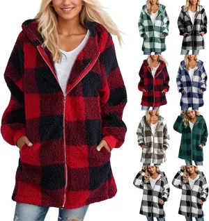 Flannel Plaid Shacket Women Plus Size Zip Up Hooded Jacket Casual Long Sleeve Sherpa Winter Coats with Pocket