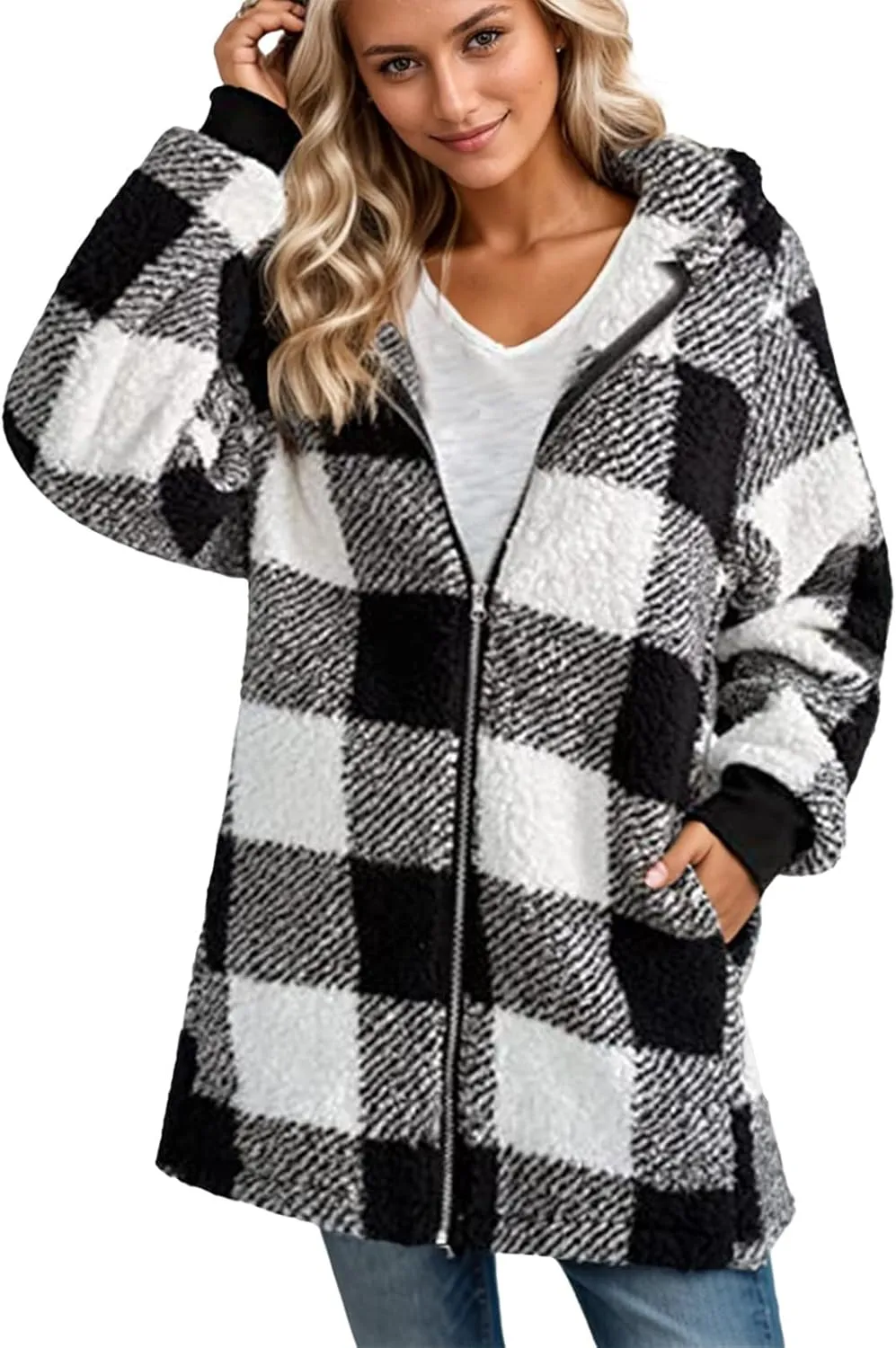 Flannel Plaid Shacket Women Plus Size Zip Up Hooded Jacket Casual Long Sleeve Sherpa Winter Coats with Pocket