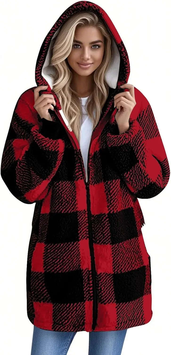 Flannel Plaid Shacket Women Plus Size Zip Up Hooded Jacket Casual Long Sleeve Sherpa Winter Coats with Pocket