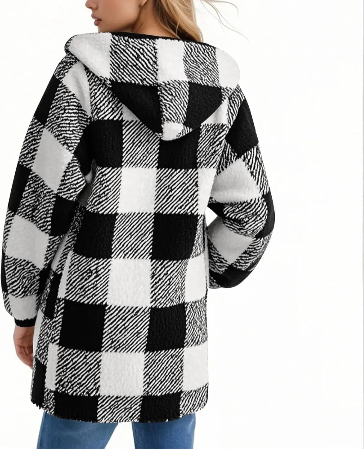 Flannel Plaid Shacket Women Plus Size Zip Up Hooded Jacket Casual Long Sleeve Sherpa Winter Coats with Pocket