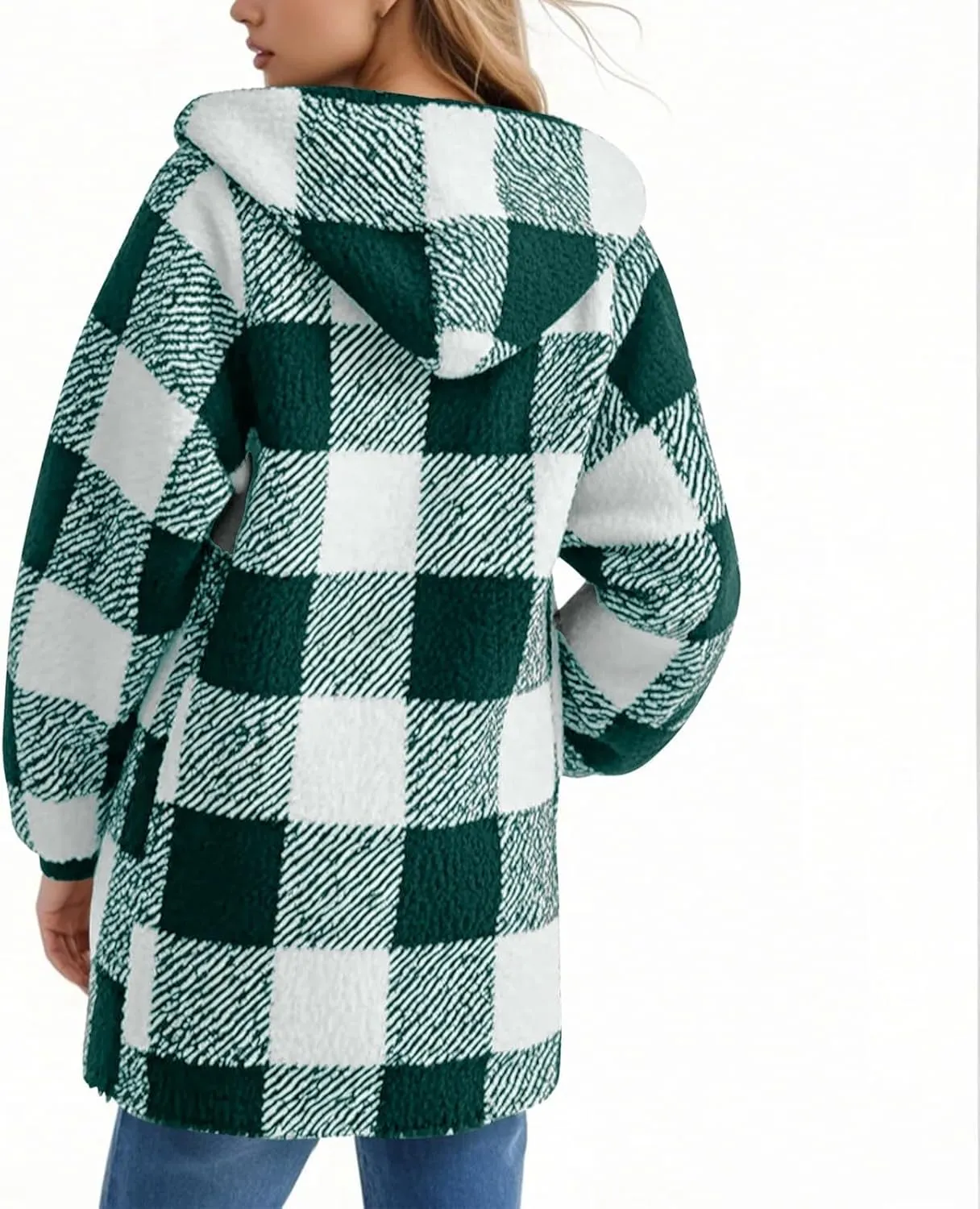 Flannel Plaid Shacket Women Plus Size Zip Up Hooded Jacket Casual Long Sleeve Sherpa Winter Coats with Pocket