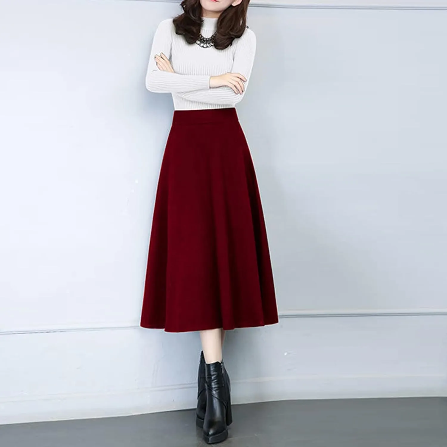 Flare Skirt Womens Winter Vintage High Elastic Waist A Line Pleated Wool Midi Skirt Lady Skirt Table Skirts