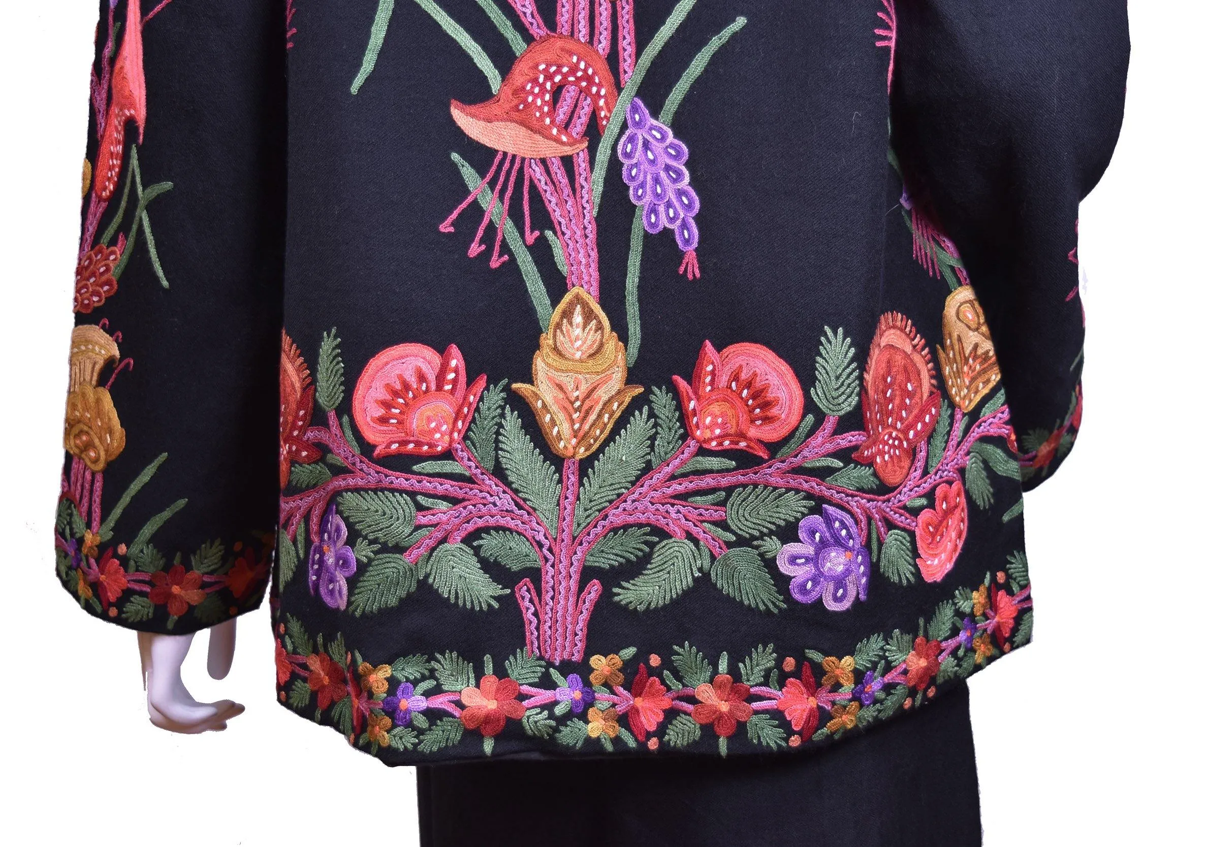 Flora Black Jacket Dinner Cashmere Evening Dress Coat Hand Embroidered Kashmir