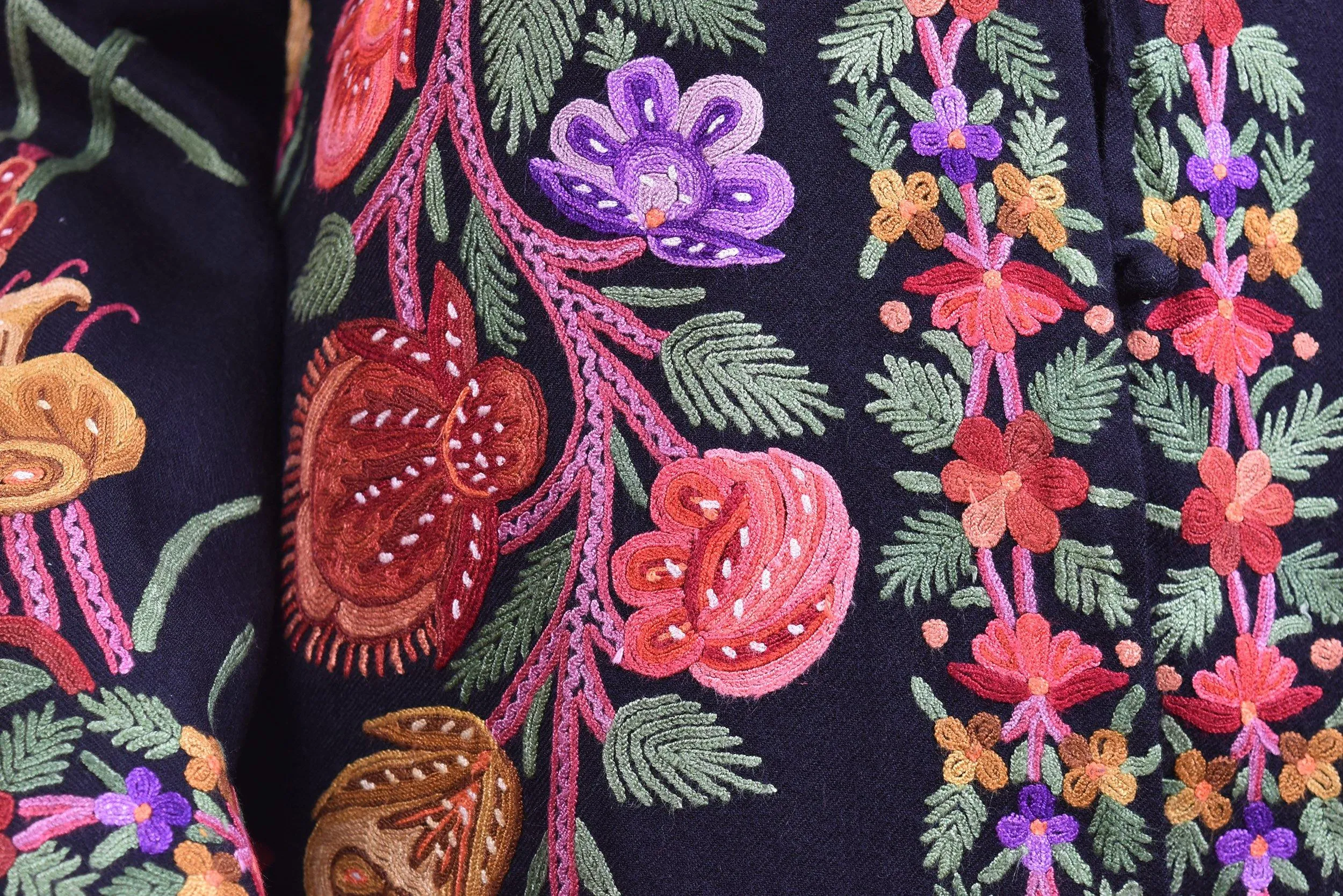 Flora Black Jacket Dinner Cashmere Evening Dress Coat Hand Embroidered Kashmir