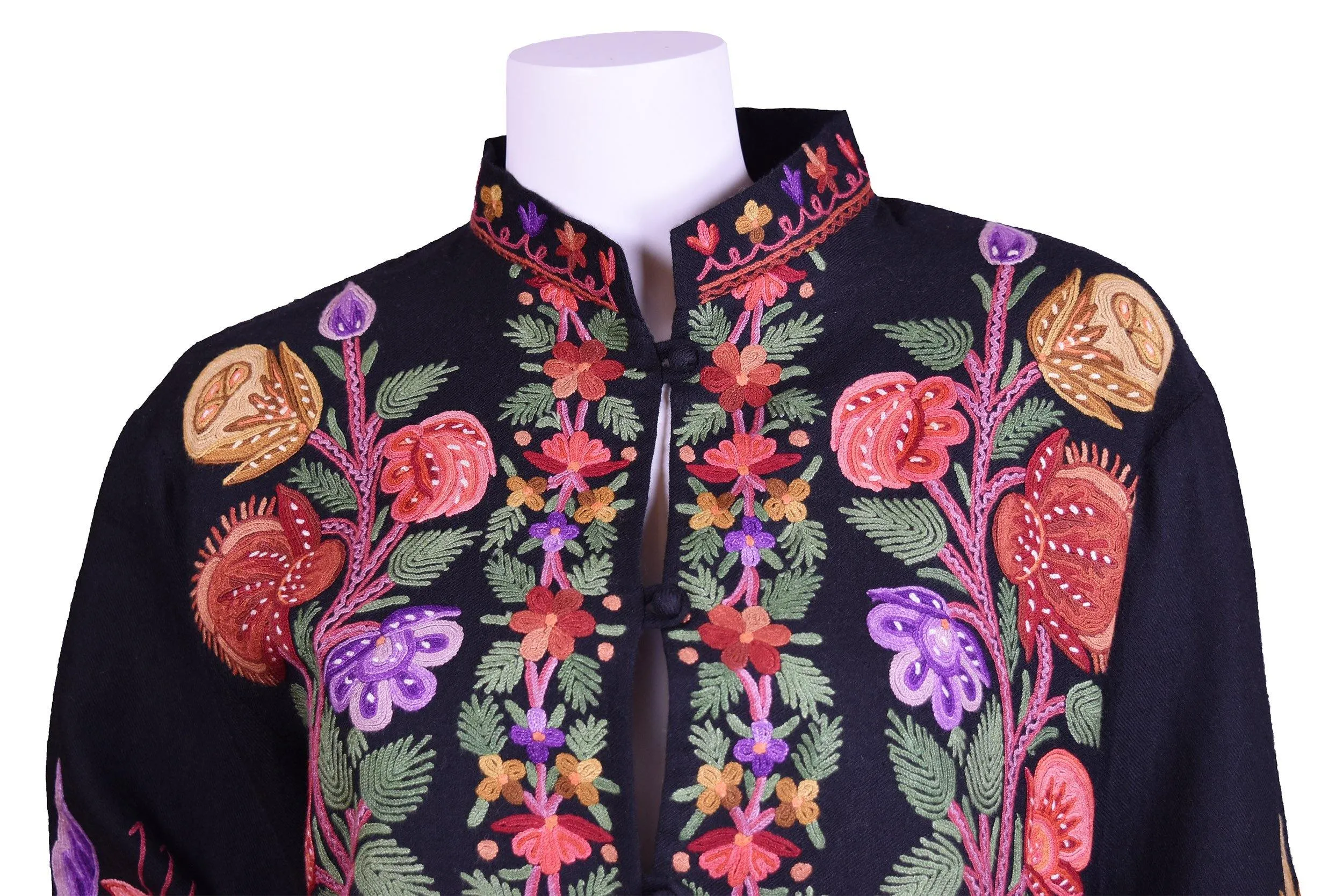 Flora Black Jacket Dinner Cashmere Evening Dress Coat Hand Embroidered Kashmir