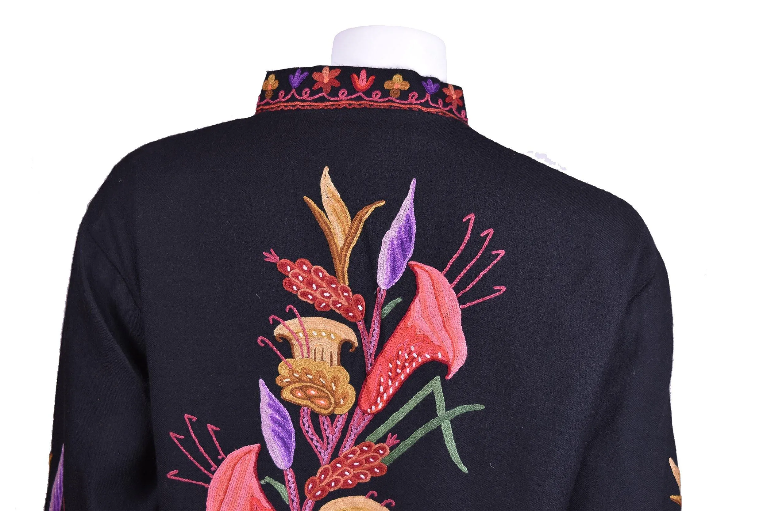 Flora Black Jacket Dinner Cashmere Evening Dress Coat Hand Embroidered Kashmir