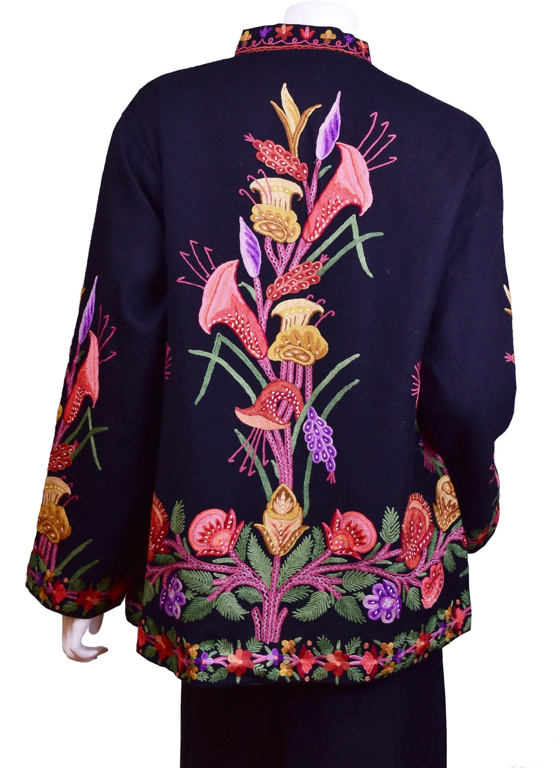 Flora Black Jacket Dinner Cashmere Evening Dress Coat Hand Embroidered Kashmir