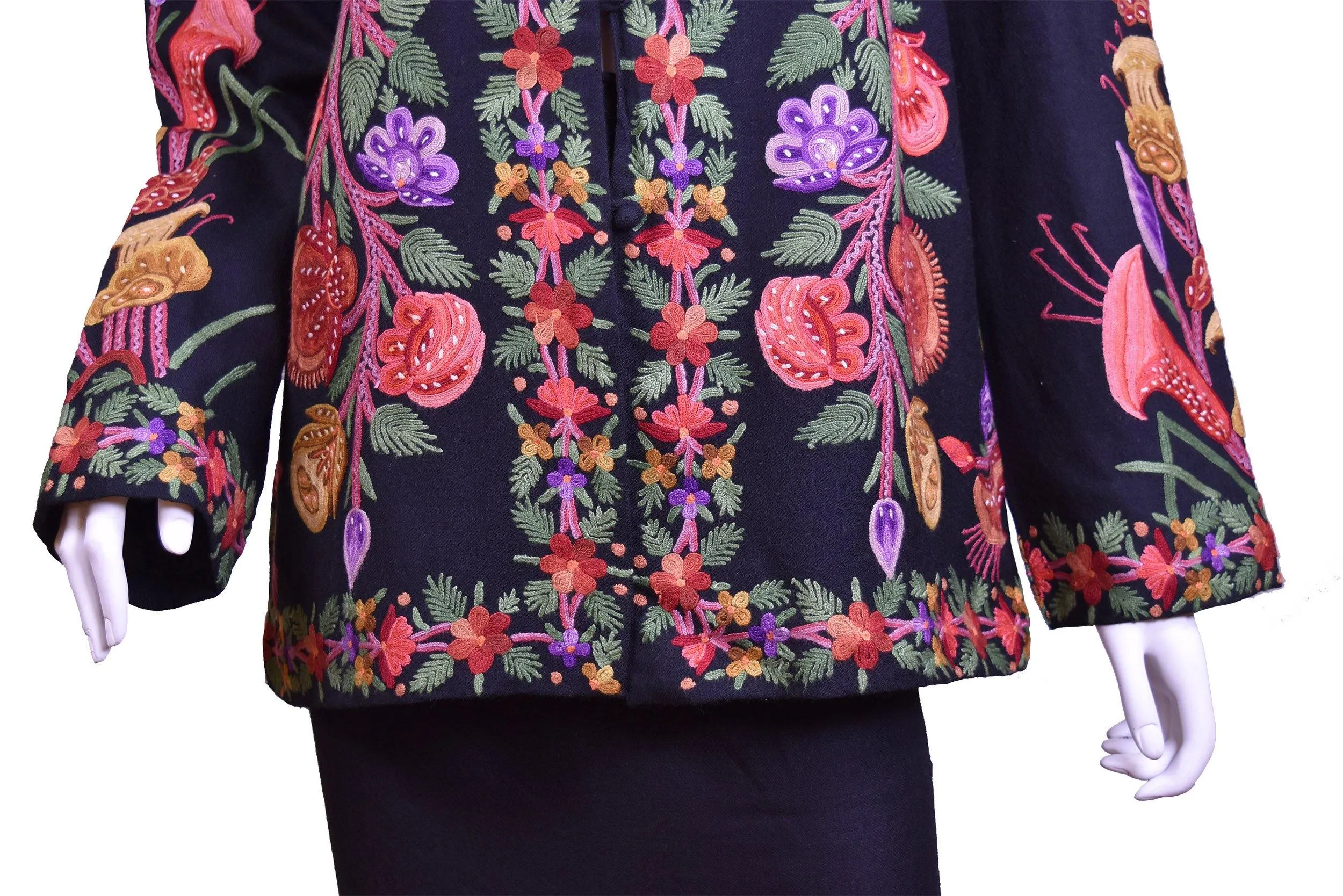 Flora Black Jacket Dinner Cashmere Evening Dress Coat Hand Embroidered Kashmir