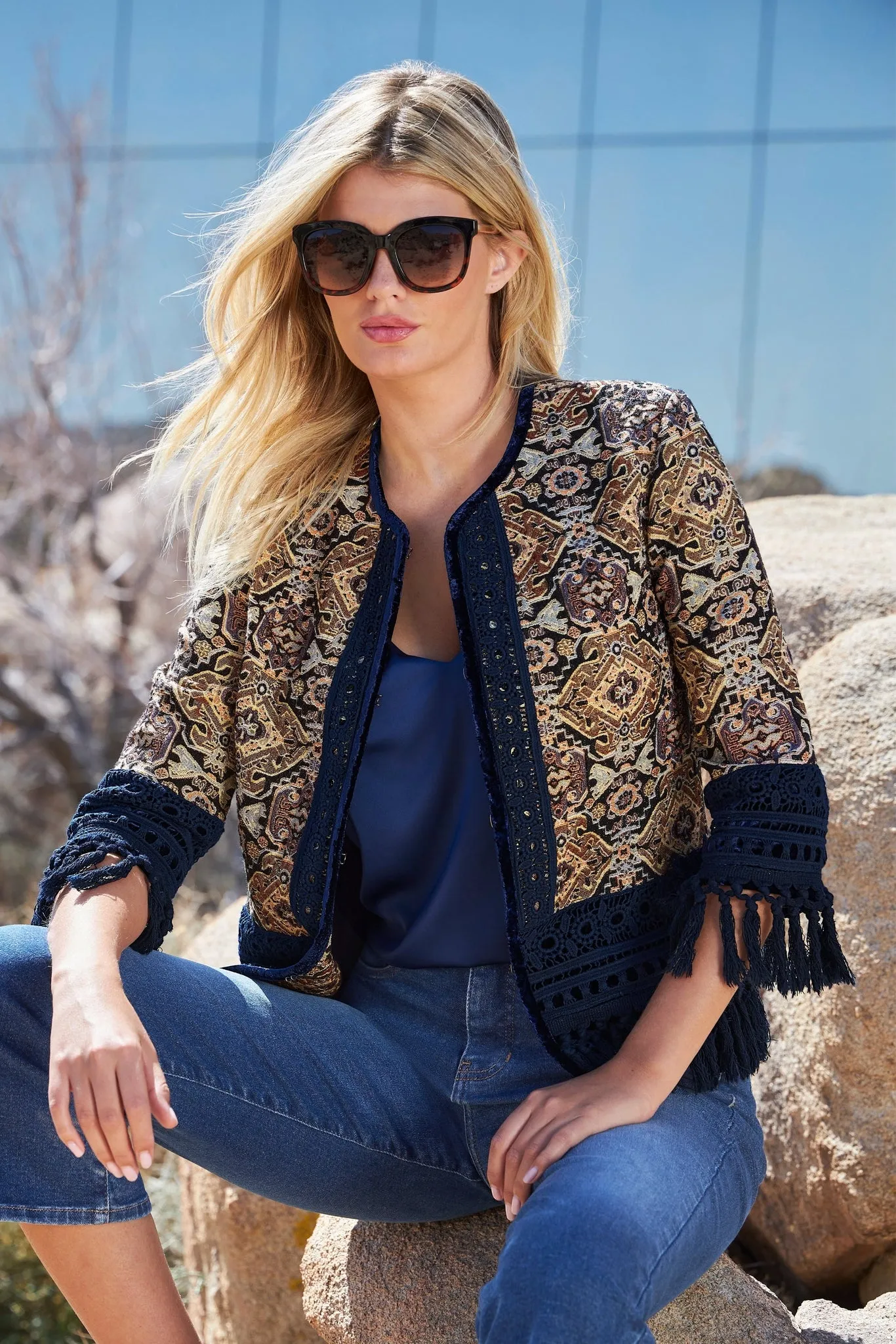 Fringe Tapestry Novelty Jacket Navy Multi