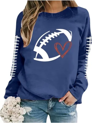 Game Day Shirts Women Heart Football Printed Lightweight Crewneck Long Sleeve Pullover Graphic Hoodies Mom Shirts