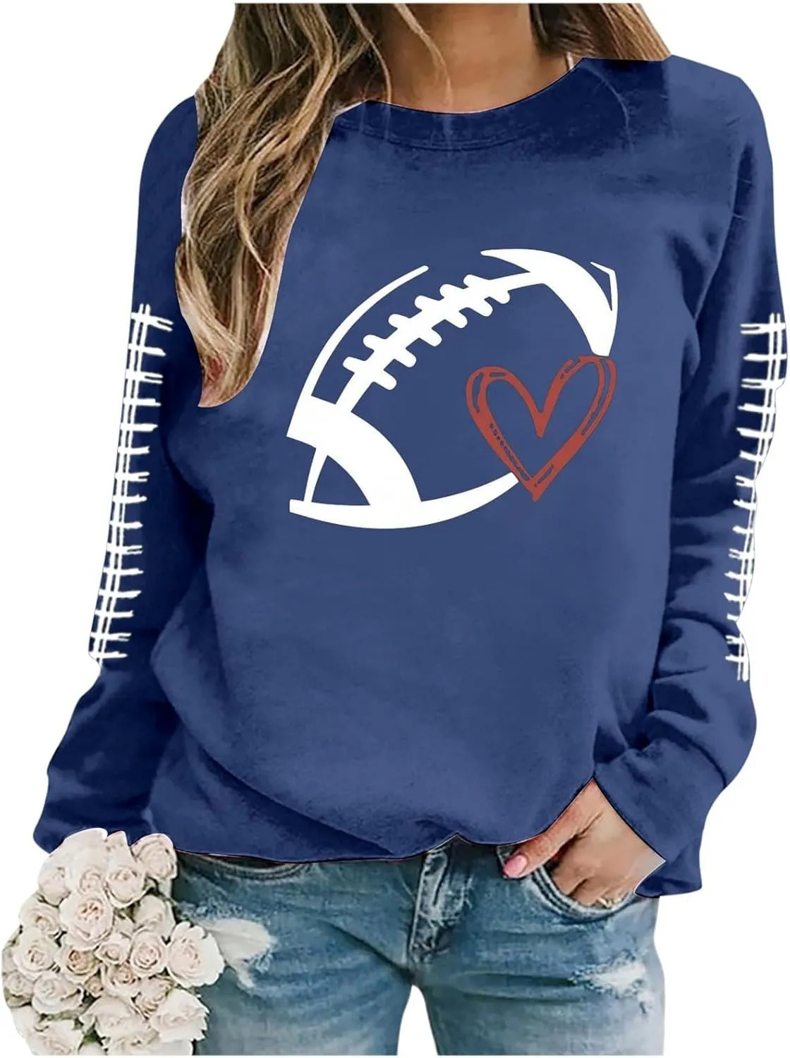 Game Day Shirts Women Heart Football Printed Lightweight Crewneck Long Sleeve Pullover Graphic Hoodies Mom Shirts