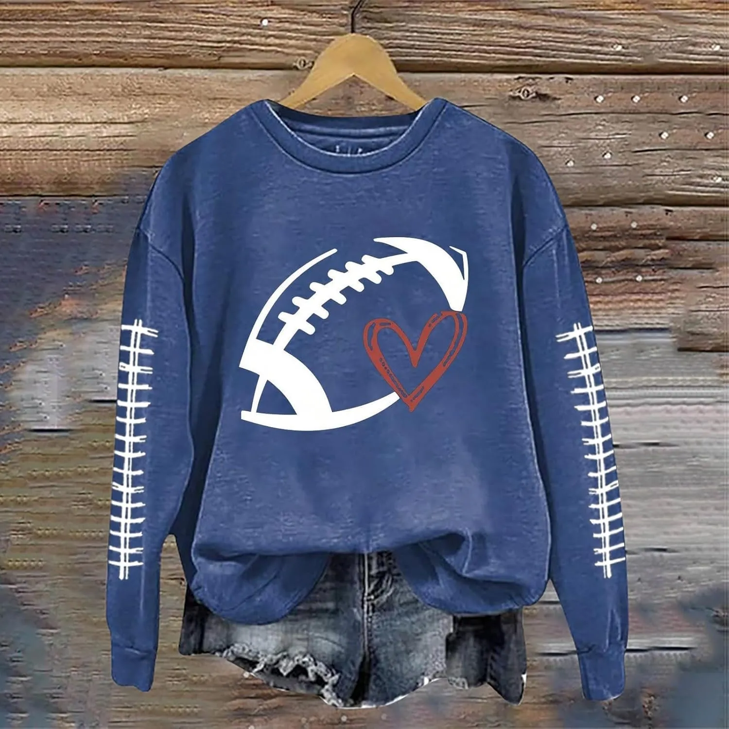 Game Day Shirts Women Heart Football Printed Lightweight Crewneck Long Sleeve Pullover Graphic Hoodies Mom Shirts
