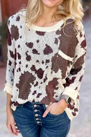 Gently Cozy Crew Neck Cow Print Sweater