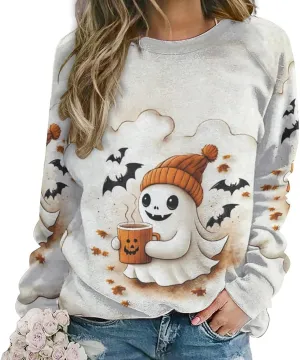 Halloween Spooky Season Cute Ghost Coffee Oversized Sweatshirt for Women Crewneck Long Sleeve Funny Fall Tops