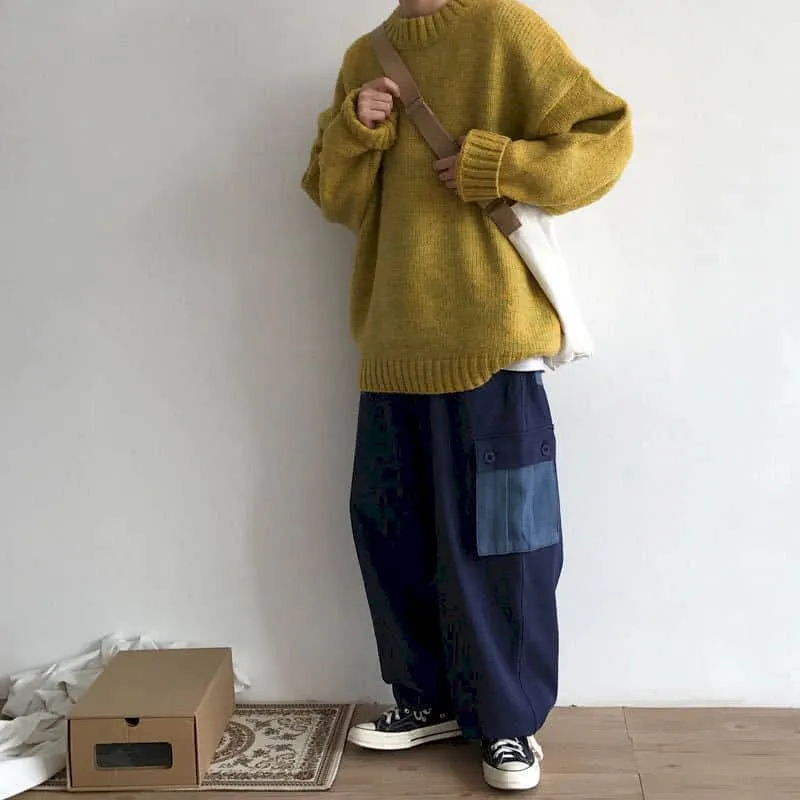 Hong Kong style sweater male students Korean style loose round neck solid color sweater autumn winter sweater Harajuku jerseys