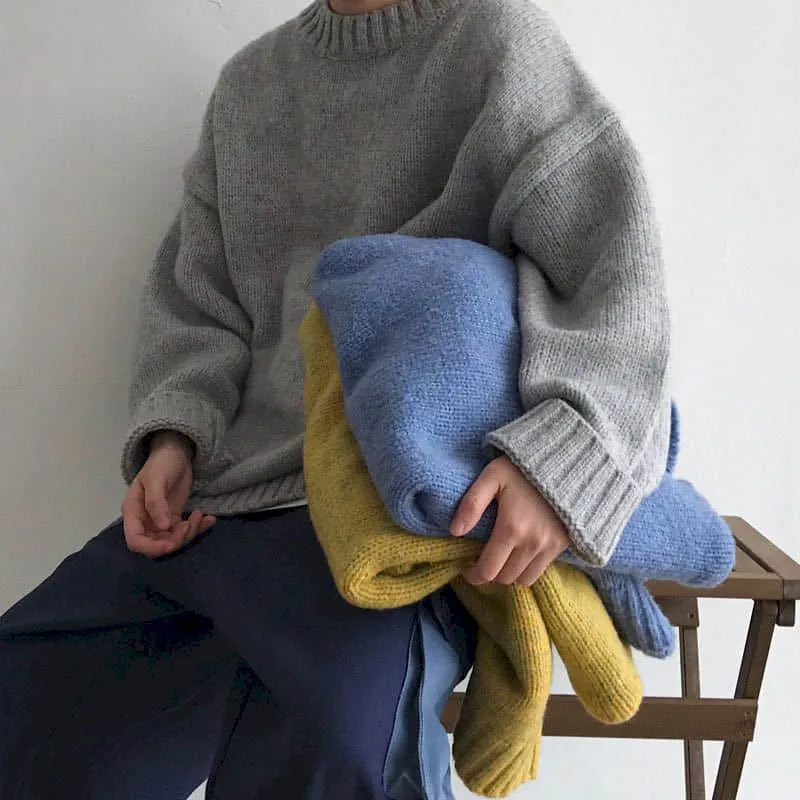 Hong Kong style sweater male students Korean style loose round neck solid color sweater autumn winter sweater Harajuku jerseys