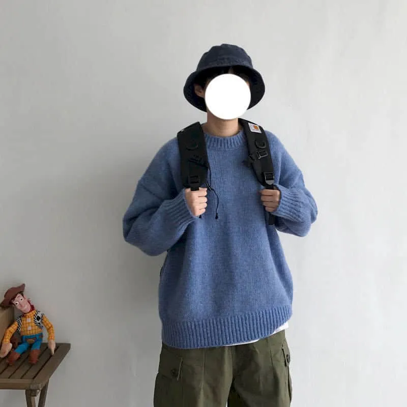 Hong Kong style sweater male students Korean style loose round neck solid color sweater autumn winter sweater Harajuku jerseys