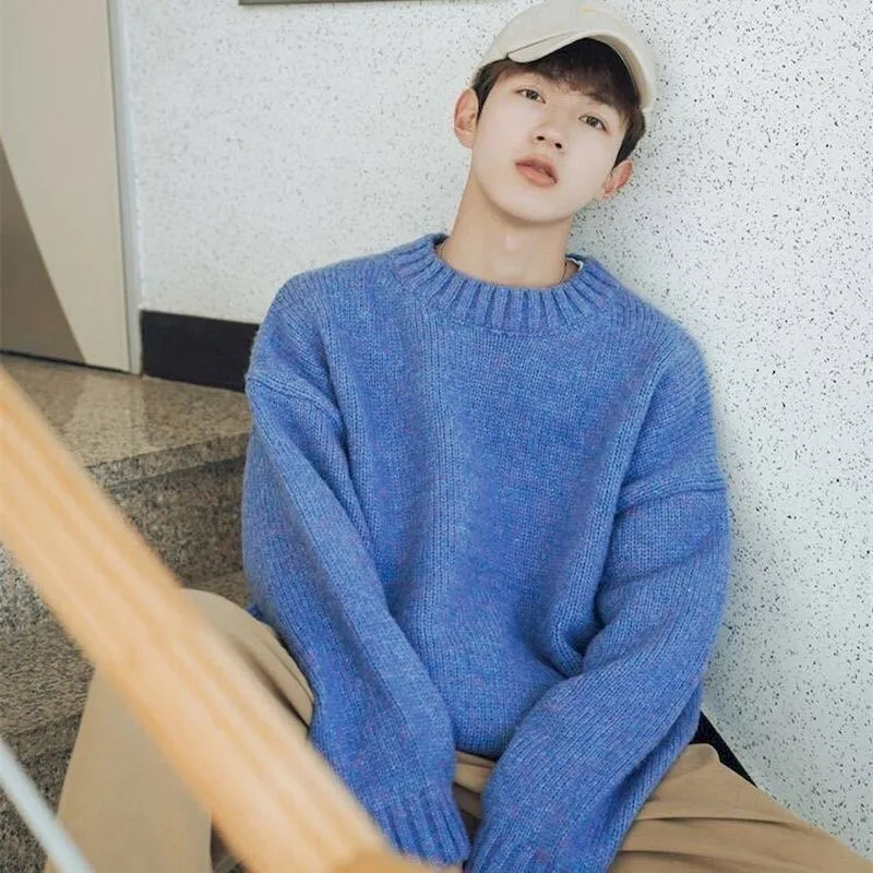 Hong Kong style sweater male students Korean style loose round neck solid color sweater autumn winter sweater Harajuku jerseys