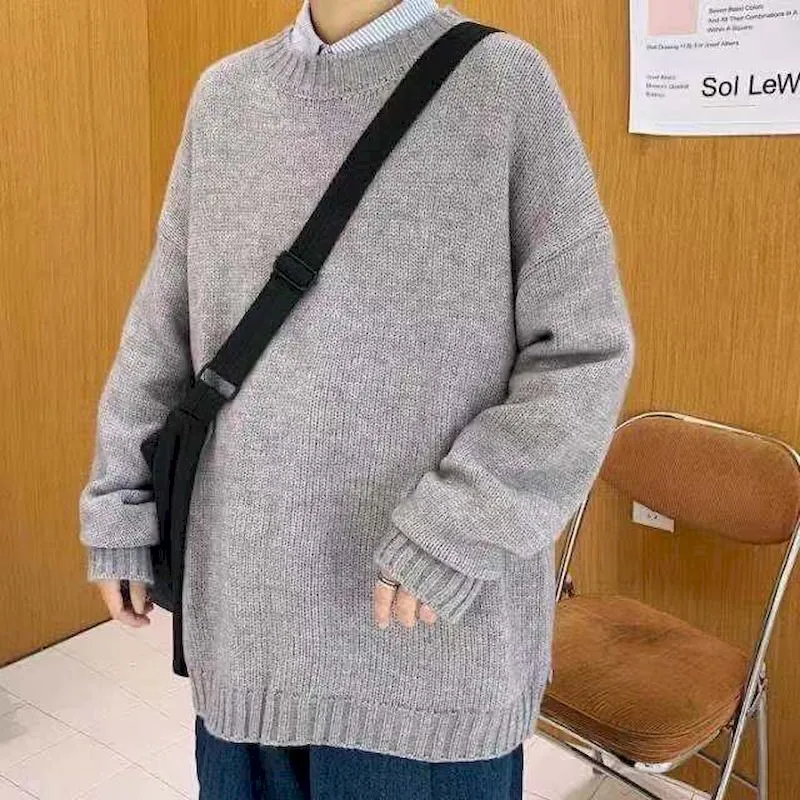Hong Kong style sweater male students Korean style loose round neck solid color sweater autumn winter sweater Harajuku jerseys