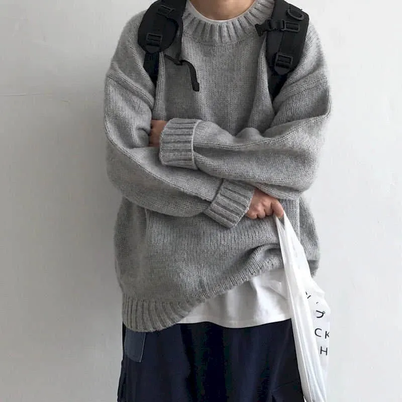 Hong Kong style sweater male students Korean style loose round neck solid color sweater autumn winter sweater Harajuku jerseys