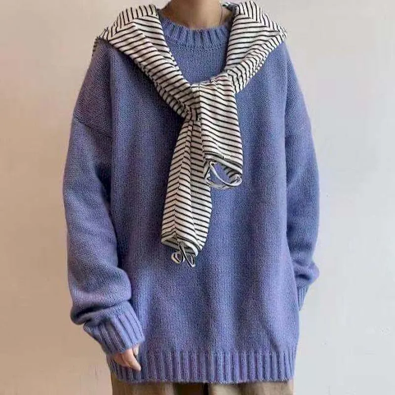 Hong Kong style sweater male students Korean style loose round neck solid color sweater autumn winter sweater Harajuku jerseys