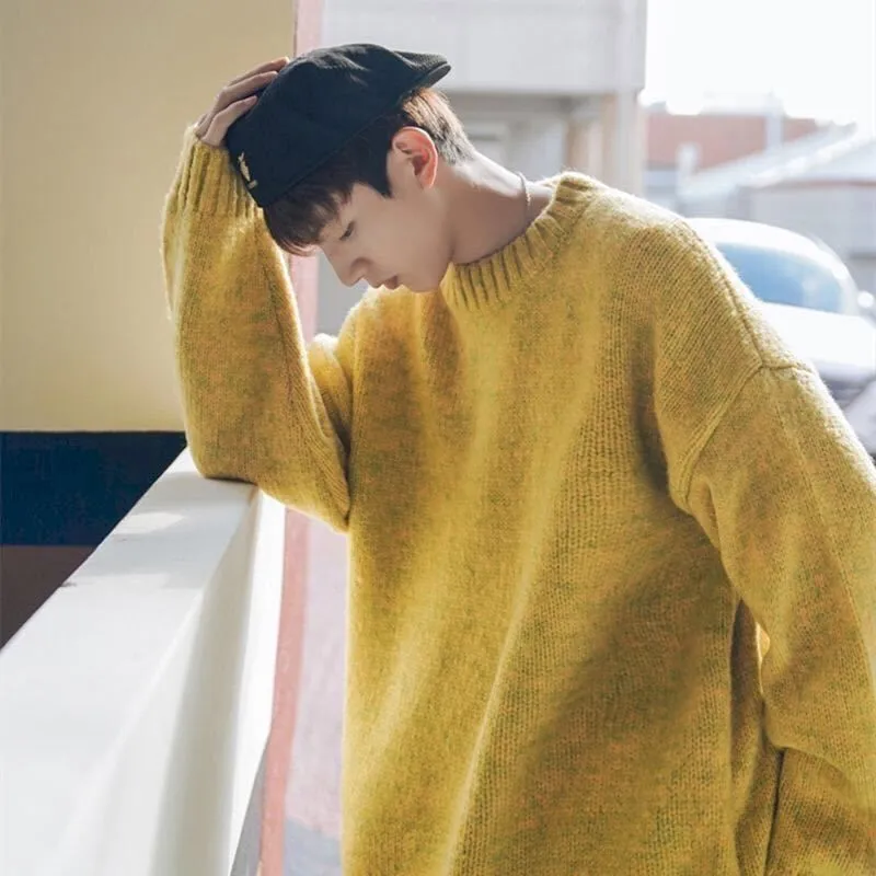 Hong Kong style sweater male students Korean style loose round neck solid color sweater autumn winter sweater Harajuku jerseys