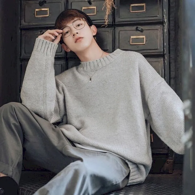Hong Kong style sweater male students Korean style loose round neck solid color sweater autumn winter sweater Harajuku jerseys