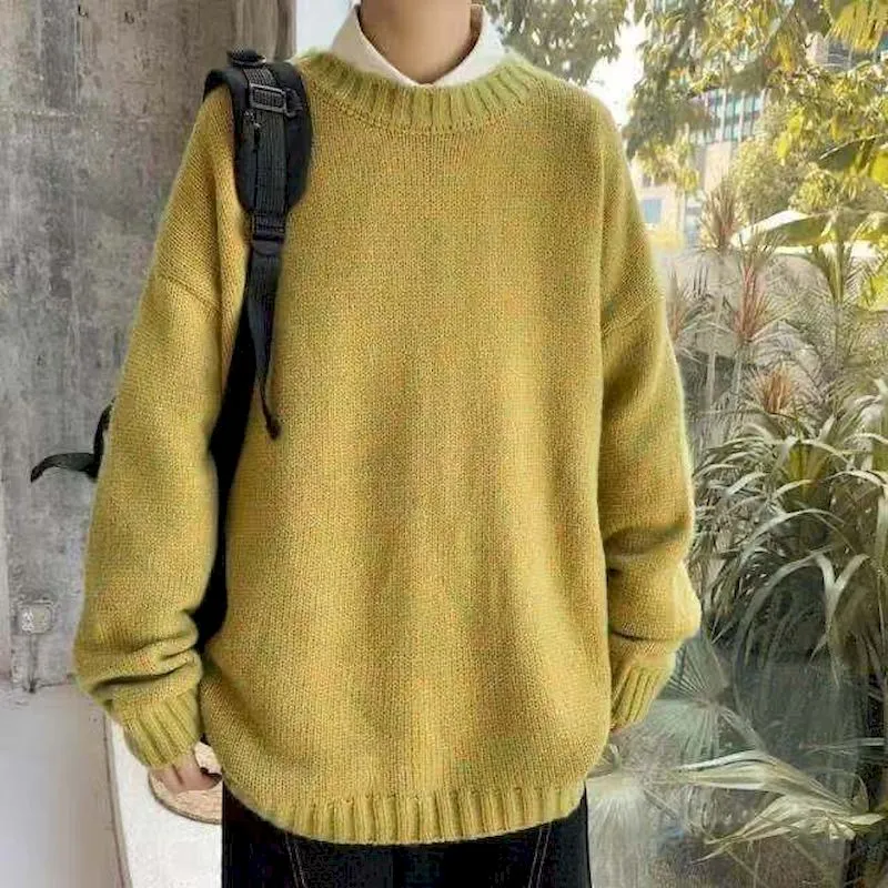 Hong Kong style sweater male students Korean style loose round neck solid color sweater autumn winter sweater Harajuku jerseys