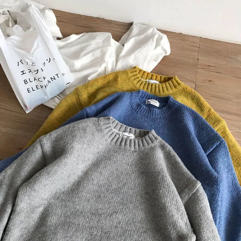 Hong Kong style sweater male students Korean style loose round neck solid color sweater autumn winter sweater Harajuku jerseys