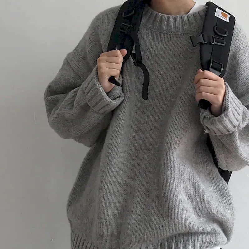 Hong Kong style sweater male students Korean style loose round neck solid color sweater autumn winter sweater Harajuku jerseys
