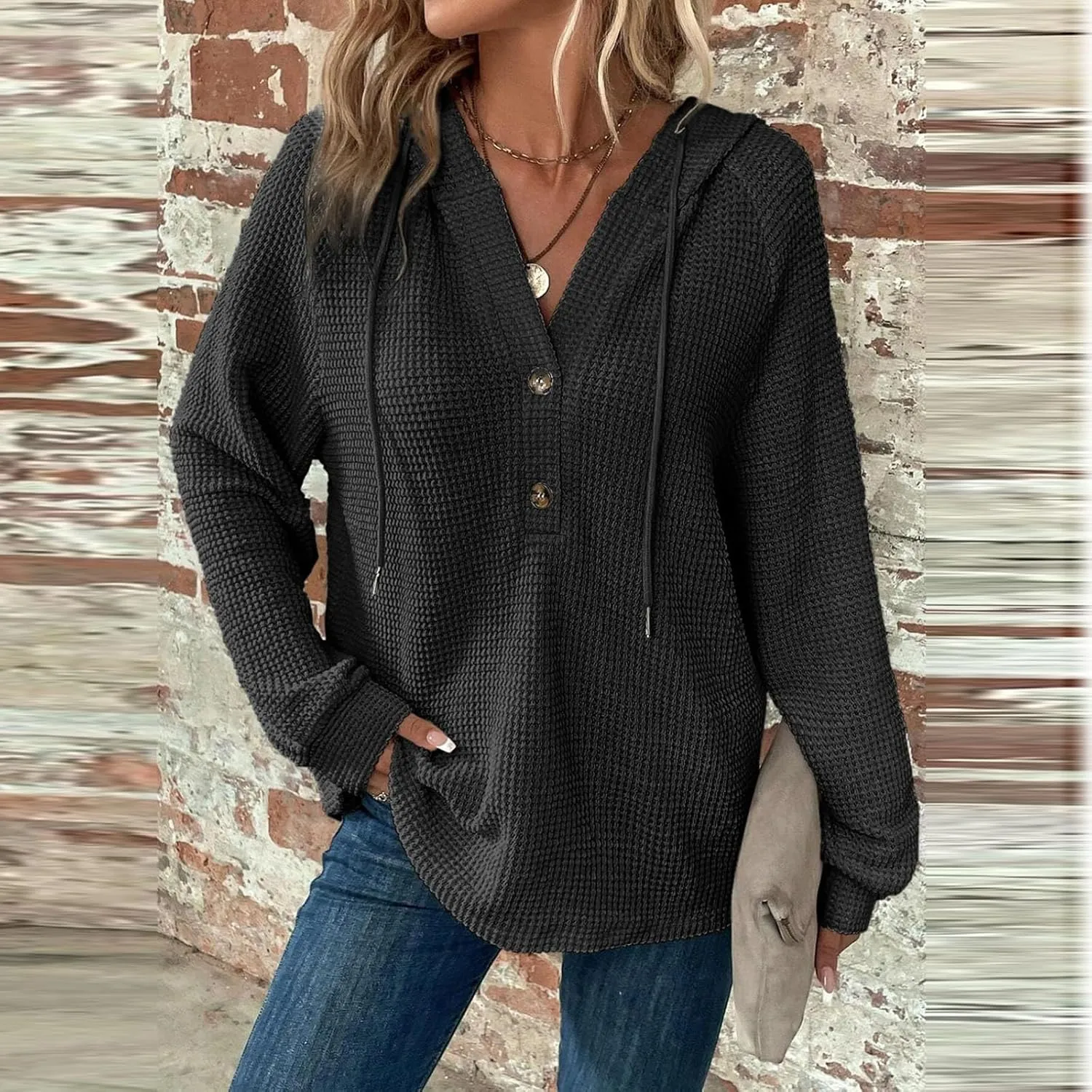 Hoodies For Women, Trendy V Neck Drawstring Long Sleeve Sweatshirts With Hood Comfy Streetwear Fall Pullover Tops