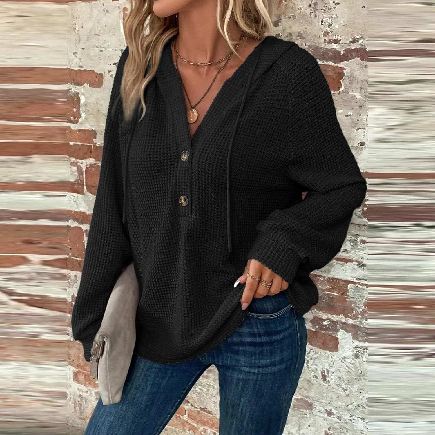 Hoodies For Women, Trendy V Neck Drawstring Long Sleeve Sweatshirts With Hood Comfy Streetwear Fall Pullover Tops