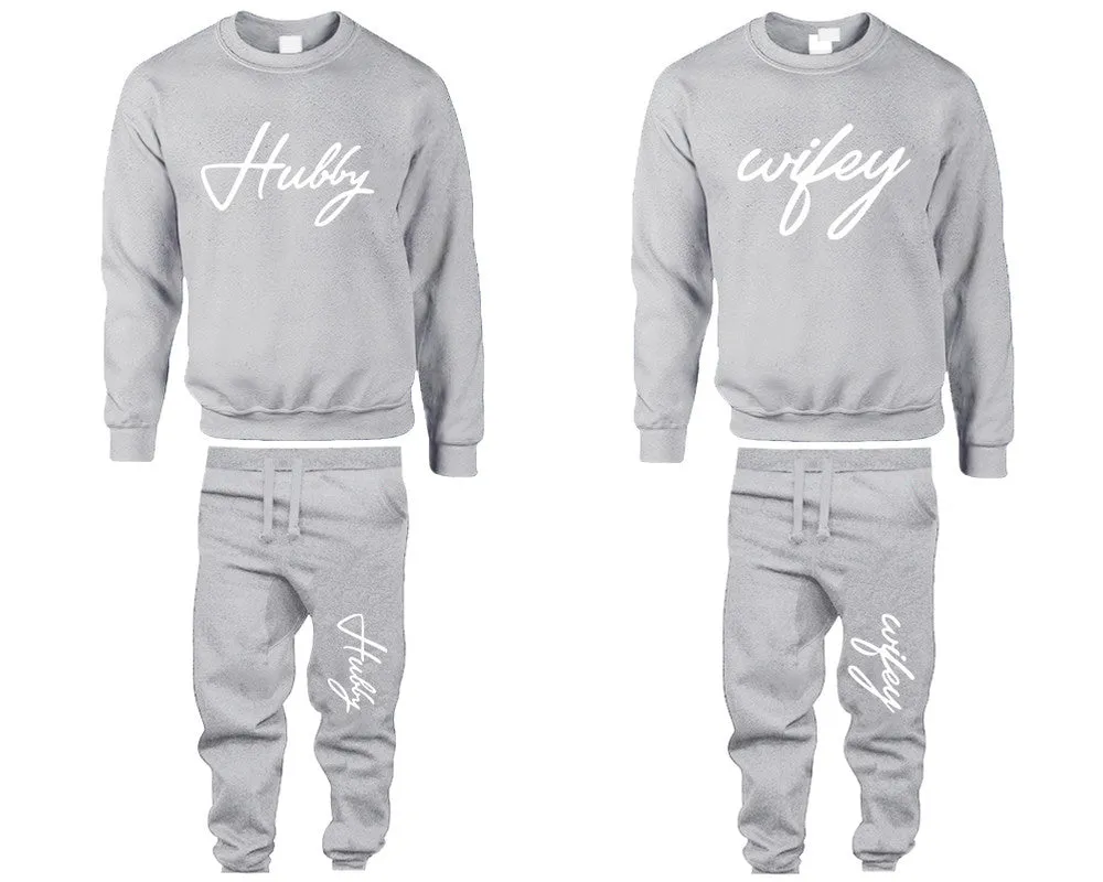 Hubby & Wifey Couple Matching Crewneck Sweaters and Jogger Pants – Stylish Unisex Top & Bottom Set | Mix & Match 4 Items Sold Separately